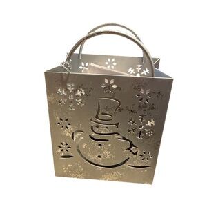 Metal Tealight Candleholder with Cutout Snowman & Snowflake Design NIB